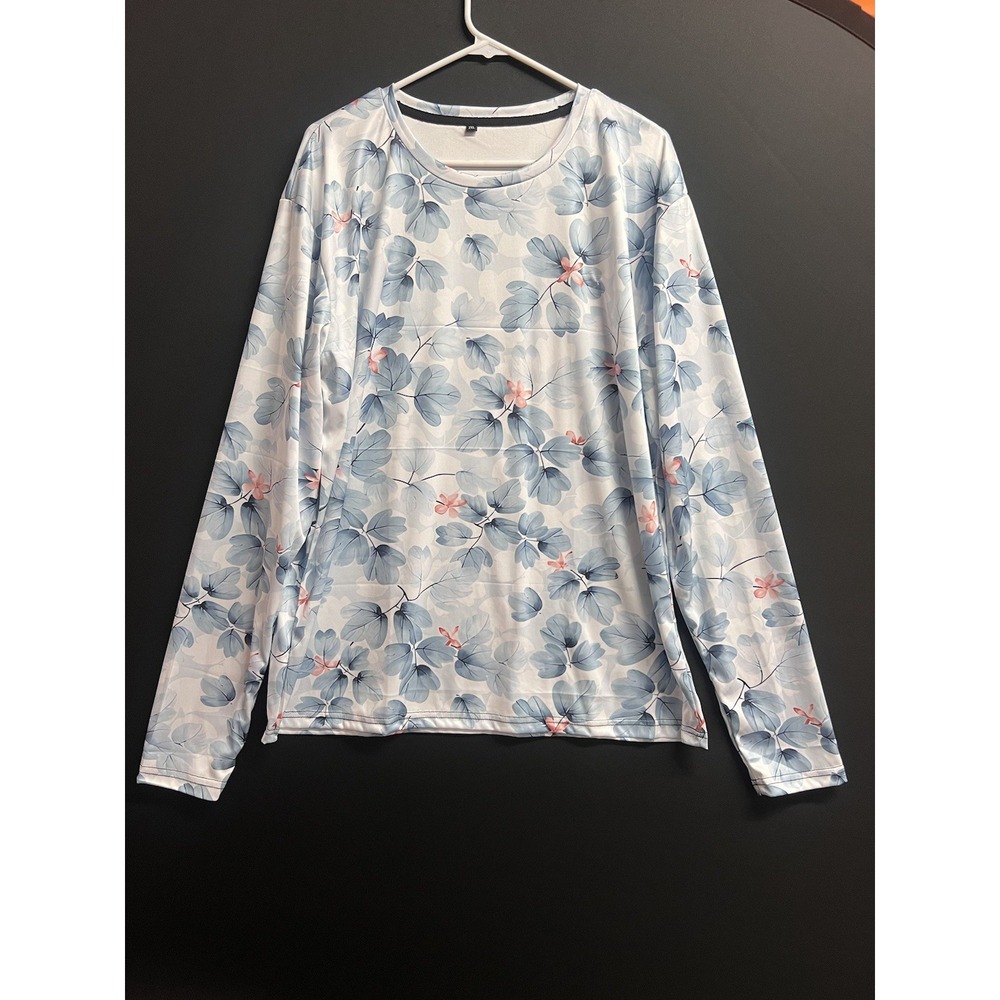 Top Long Sleeves Blue, White Stretch Casual Plus Sz 2X Floral